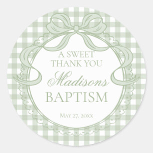 Green Gingham Coquette Bow Baptism Favor Classic Round Sticker
