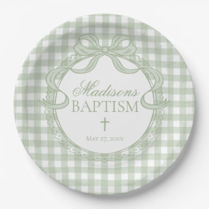 Green Gingham Coquette Bow Baptism Paper Plate