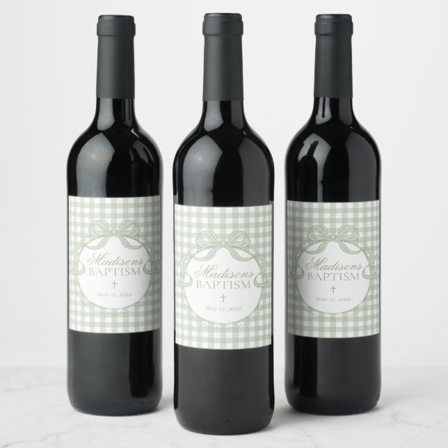 Green Gingham Coquette Bow Baptism Wine Label (Bottles)