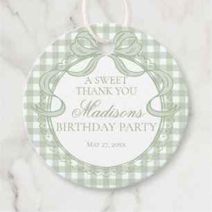 Green Gingham Coquette Bow Birthday Party Circle Favour Tags