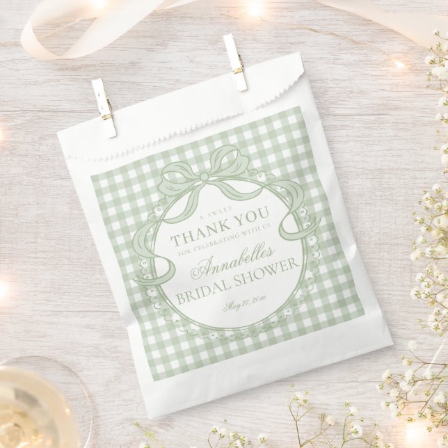 Green Gingham Coquette Bow Bridal Shower Dessert Favour Bag (Clipped)