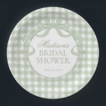 Green Gingham Coquette Bow Bridal Shower Paper Plate<br><div class="desc">A charming blend of classic and coquette, this pastel gingham party collection brings a soft, preppy touch to your celebration. Featuring delicate gingham patterns paired with sweet bow accents, each piece is designed to create a light, feminine, and effortlessly polished party aesthetic. Perfect for showers, birthdays, and garden-inspired gatherings, this...</div>