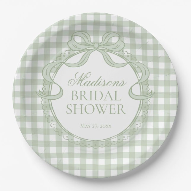 Green Gingham Coquette Bow Bridal Shower Paper Plate (Front)
