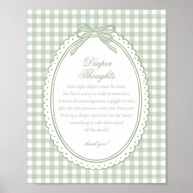Green Gingham Coquette Bow Diaper Thoughts Baby Poster (Front)