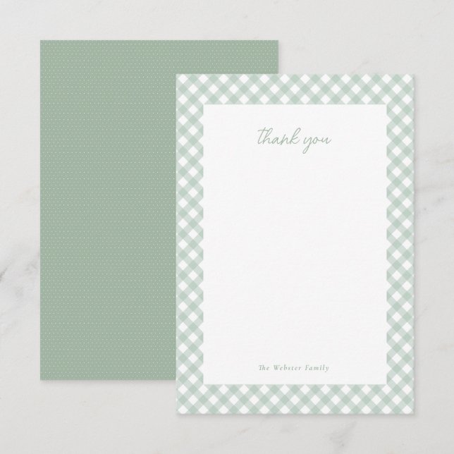 Green gingham cute personalized baby shower thank you card (Front/Back)