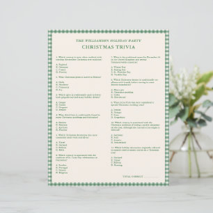 Green Gingham Editable Christmas Trivia Party Game