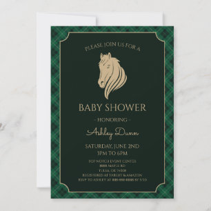 Green Gingham Equestrian Baby Shower Invitation