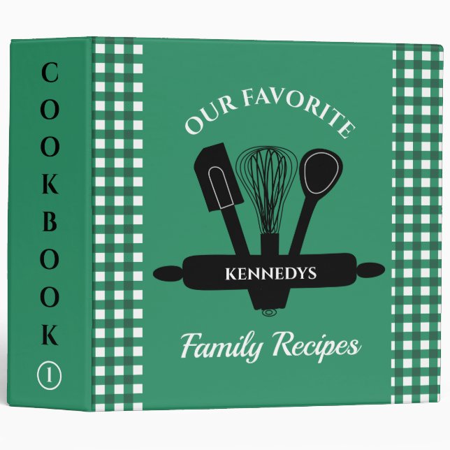 Green Gingham Family Holiday Recipes Cookbook  Binder (Front/Spine)