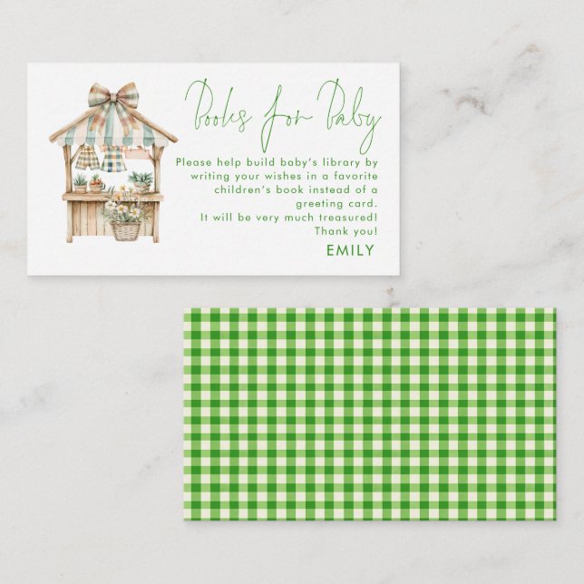 Green Gingham Farmers Market Book For Baby Shower  Enclosure Card (Front/Back)