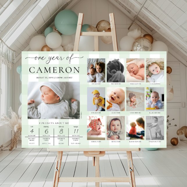 Green Gingham First Birthday Photo Milestone Poster (Creator Uploaded)