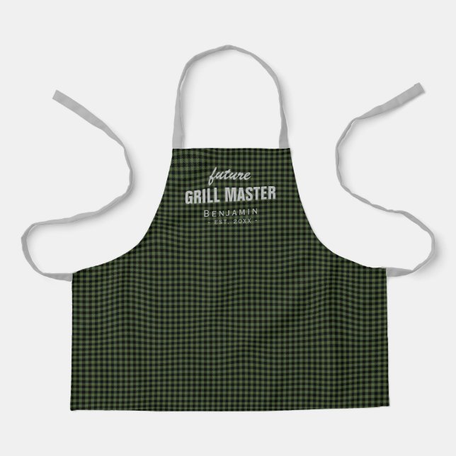 Green gingham future grill master personalized apron (Front)