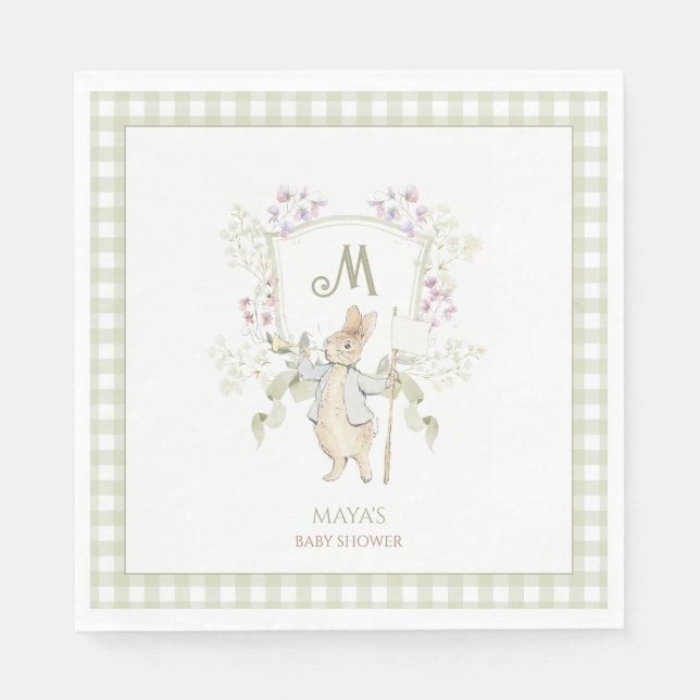 Green Gingham Gender Peter the Rabbit Baby Shower  Napkin (Front)
