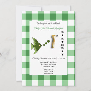 Green Gingham Gold Foil Balloon Fish 1st Birthday  Invitation