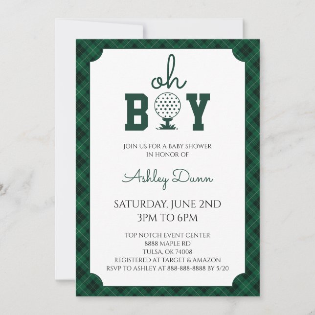 Green Gingham Golf Baby Shower Invitation (Front)