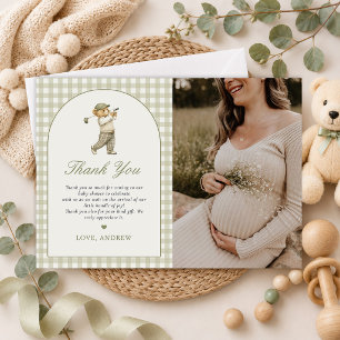 Green Gingham Golf Boy Baby Shower Photo Thank You Card