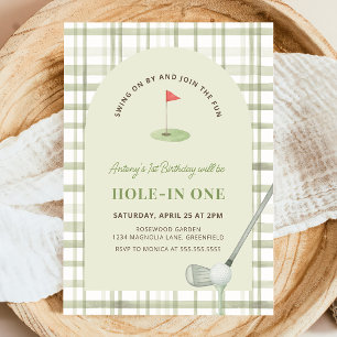 Green Gingham Hole in One Golf Birthday Invitation