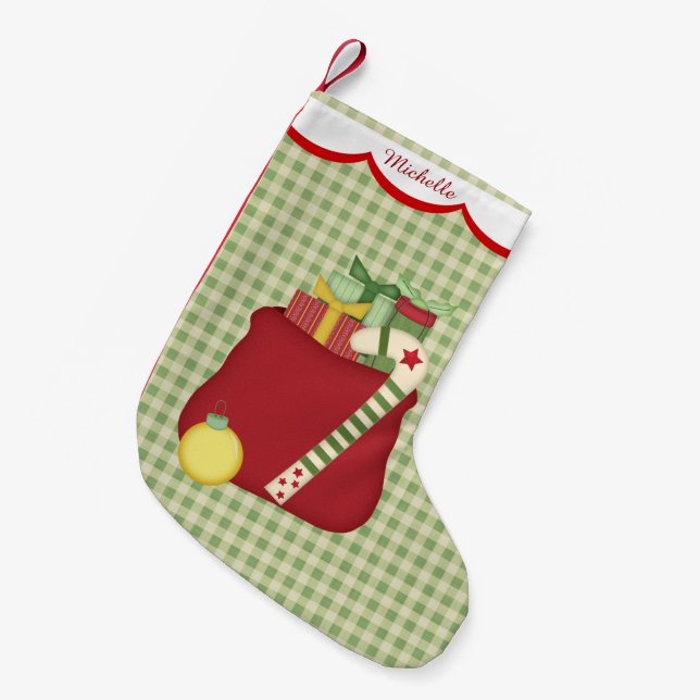 Green Gingham Holiday Toy Sack Personalized Small Christmas Stocking (Front (Hanging))