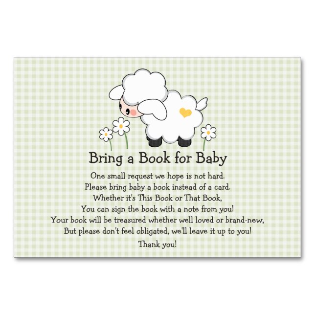 Green Gingham LAMB BABY SHOWER BOOK REQUEST CARD (Front)