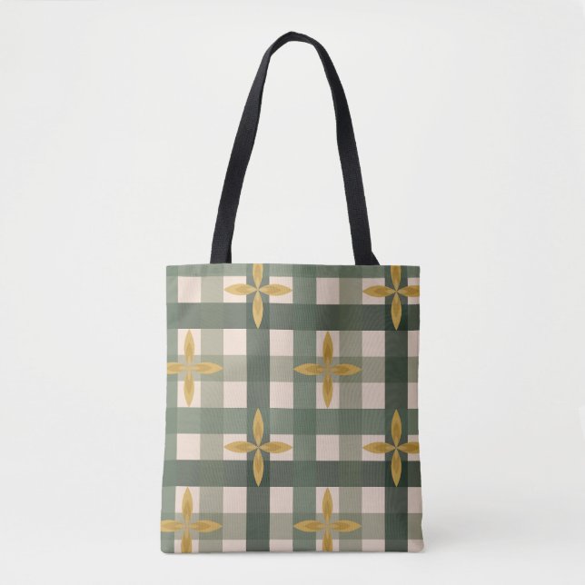 Green Gingham & Leaves Tote Bag (Front)