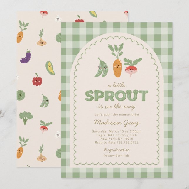 Green Gingham Little Sprout on the Way Baby Shower Invitation (Front/Back)
