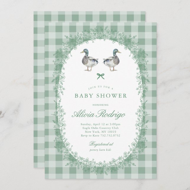 Green Gingham Mallard Duck Baby Shower Invitation (Front/Back)