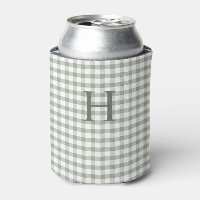 Green Gingham Modern Monogram Can Cooler (Can Front)