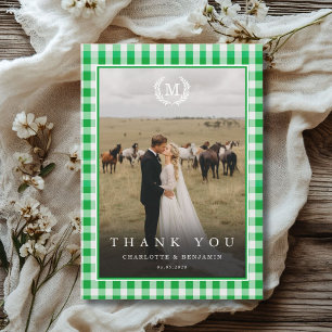 Green Gingham Monogram Crest 2 Photo Thank You Card