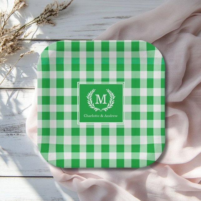 Green Gingham Monogram Crest Custom Paper Plate (Green Gingham Monogram Crest Custom Paper Plates with your Monogram and Names.)