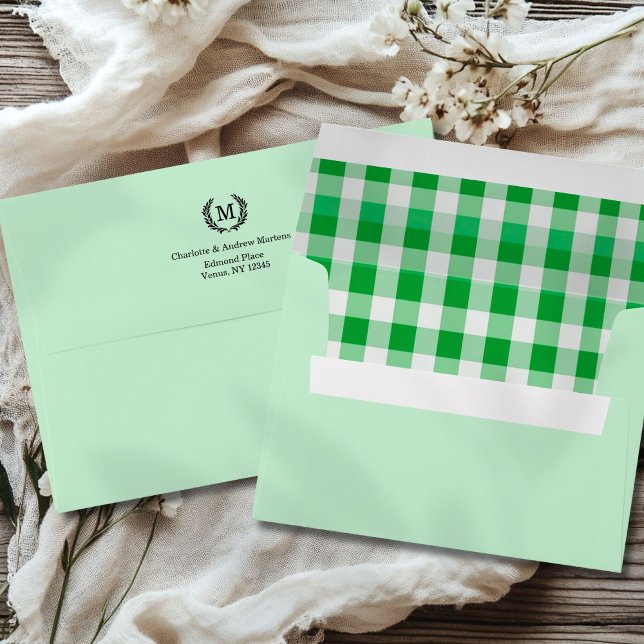 Green Gingham Monogram Crest Envelope (Green Gingham Monogram Crest Custom Envelope with your Initial, Names & Address - 6 Colors.)