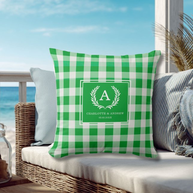Green Gingham Monogram Crest Throw Pillow (Green Gingham Monogram Crest Throw Pillow)