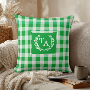 Green Gingham Monogram Crest Throw Pillow