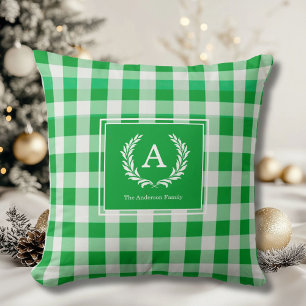Green Gingham Monogram Crest Throw Pillow