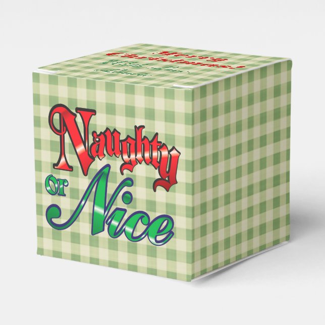 Green Gingham Naughty or Nice Christmas Favor Box (Front Side)