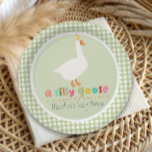 Green Gingham Neutral Silly Goose Baby Shower Paper Plate<br><div class="desc">Whimsical Silly Goose baby shower paper plates featuring a charming goose illustration, colorful rainbow lettering “a silly goose is almost on the loose”, and a modern bright sage green plaid background. Perfect for celebrating a mama to be. This adorable gender-neutral design is perfect for a goose themed baby shower, farmhouse...</div>