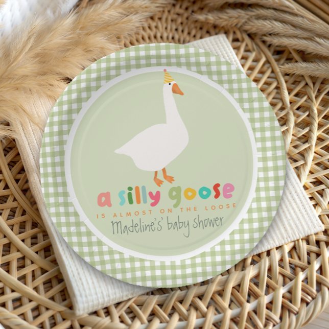 Green Gingham Neutral Silly Goose Baby Shower Paper Plate (Creator Uploaded)