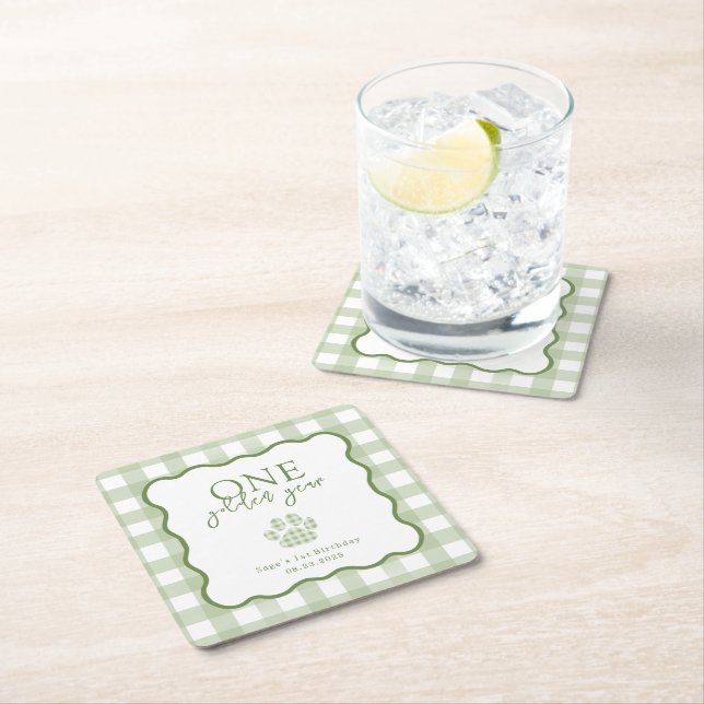 Green Gingham One Golden Year First Birthday Square Paper Coaster (Insitu)