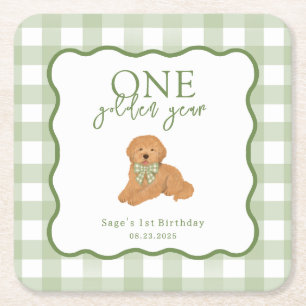 Green Gingham One Golden Year First Birthday Square Paper Coaster