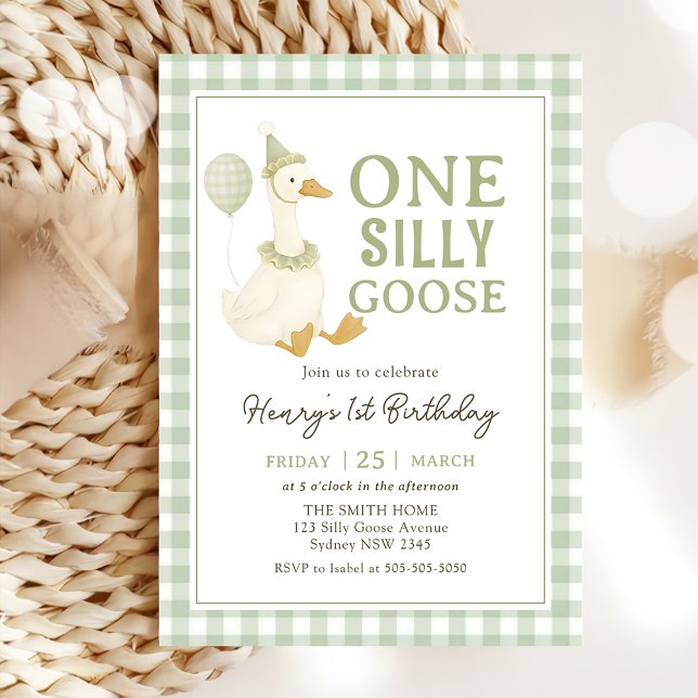 Green Gingham One Silly Goose Birthday Invitation (Creator Uploaded)