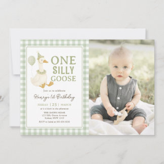 Green Gingham One Silly Goose Birthday Photo Invitation