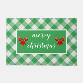 Green Gingham Pattern Merry Christmas Custom Doormat