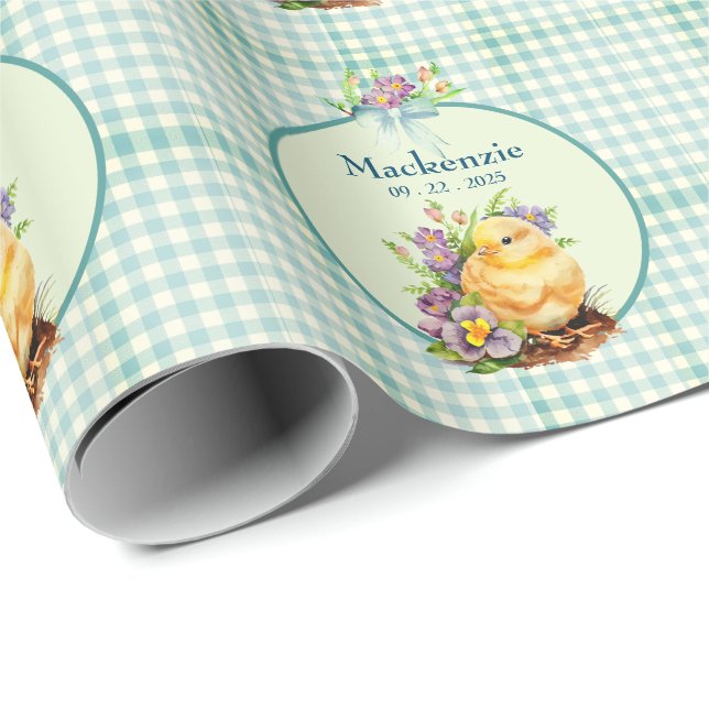 Green Gingham Personalized Birthday Wrapping Paper (Roll Corner)