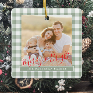 Green gingham plaid 2 photo family Christmas Ceramic Ornament