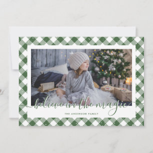 Green Gingham Plaid Believe In the Magic Photo Holiday Card