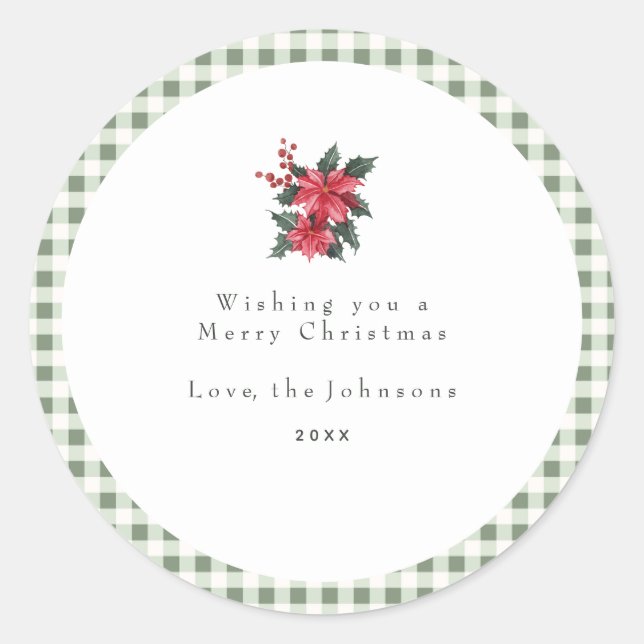Green Gingham Plaid Custom Christmas Classic Round Sticker (Front)