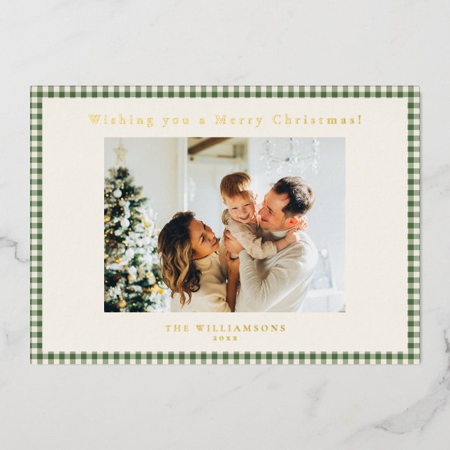 Green Gingham Plaid Custom Photo Christmas Gold  Foil Holiday Card (Front)