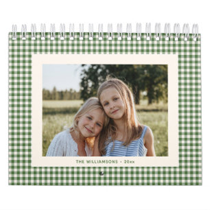 Green Gingham Plaid Custom Photo Family Holiday Calendar