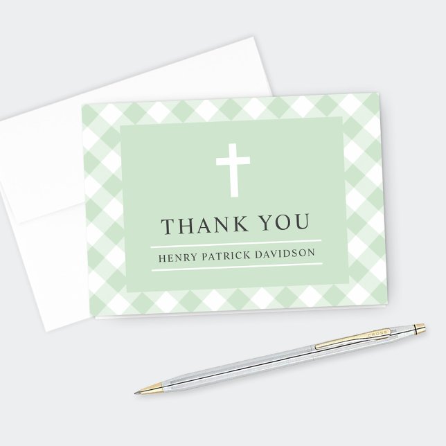 Green Gingham Plaid First Communion Boy Thank You Card (Creator Uploaded)