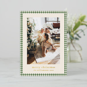 Green Gingham Plaid Gold Merry Christmas Family Foil Holiday Card