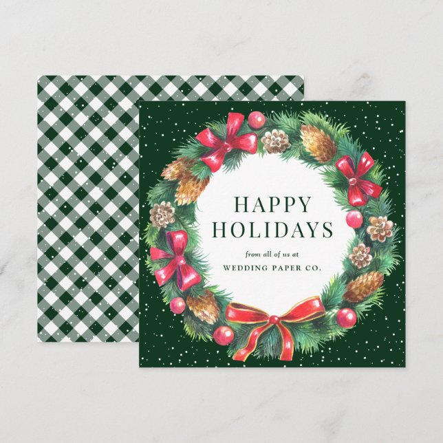 Green Gingham Plaid Holly Berries Wreath Business Holiday Card (Front/Back)