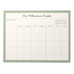 Green Gingham Plaid Month Family Planner Calendar  Notepad